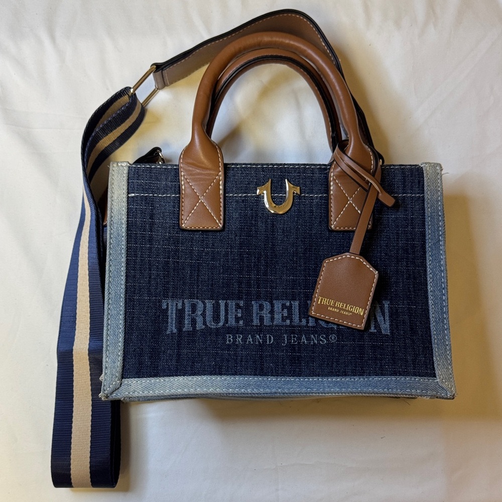 True Religion Distressed Denim & Leather Tote Bag with Crossbody Strap